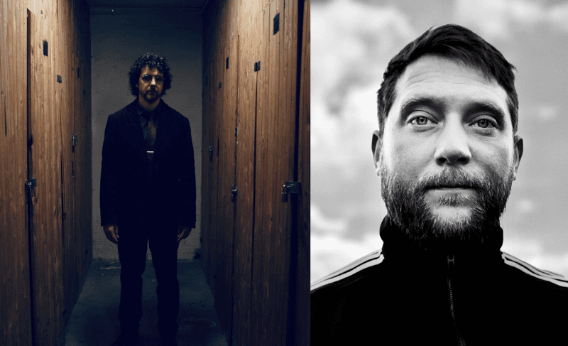 On the left, a man stands in a dimly lit wooden corridor; on the right, a close-up black and white portrait of another man with a beard.