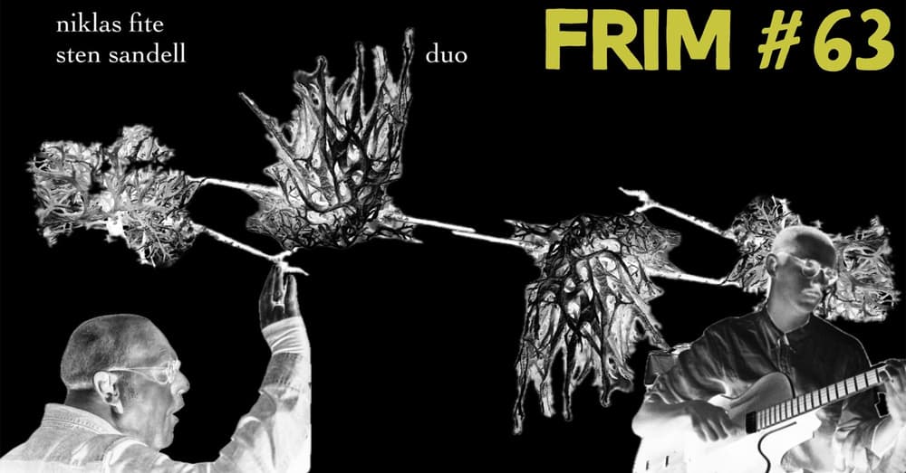 Two men are shown in a stylized negative image with abstract plant-like shapes and the text "FRIM #63" along with their names.