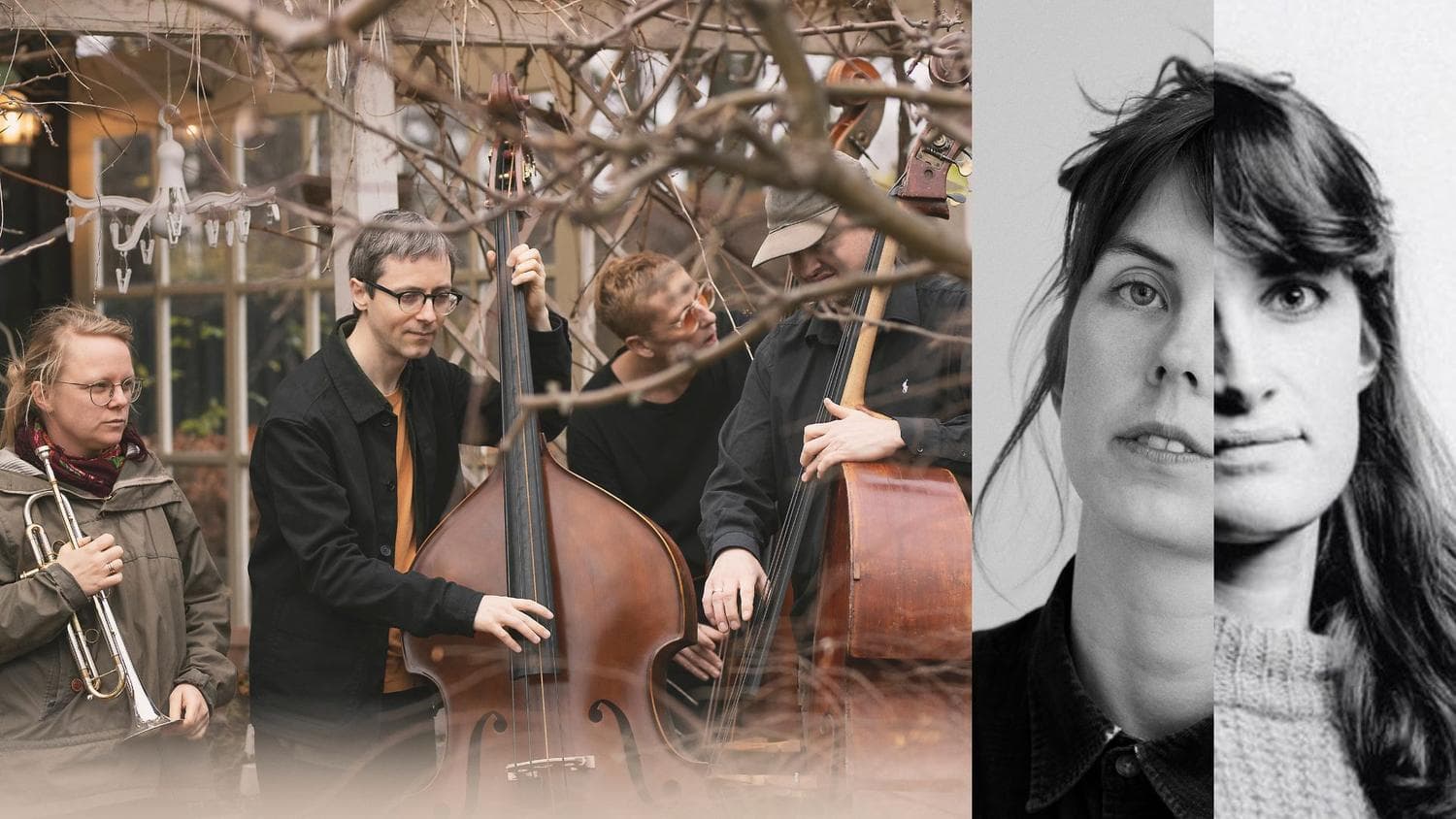 On the left, a group of musicians plays instruments outdoors; on the right, a black-and-white double exposure portrait of a woman.