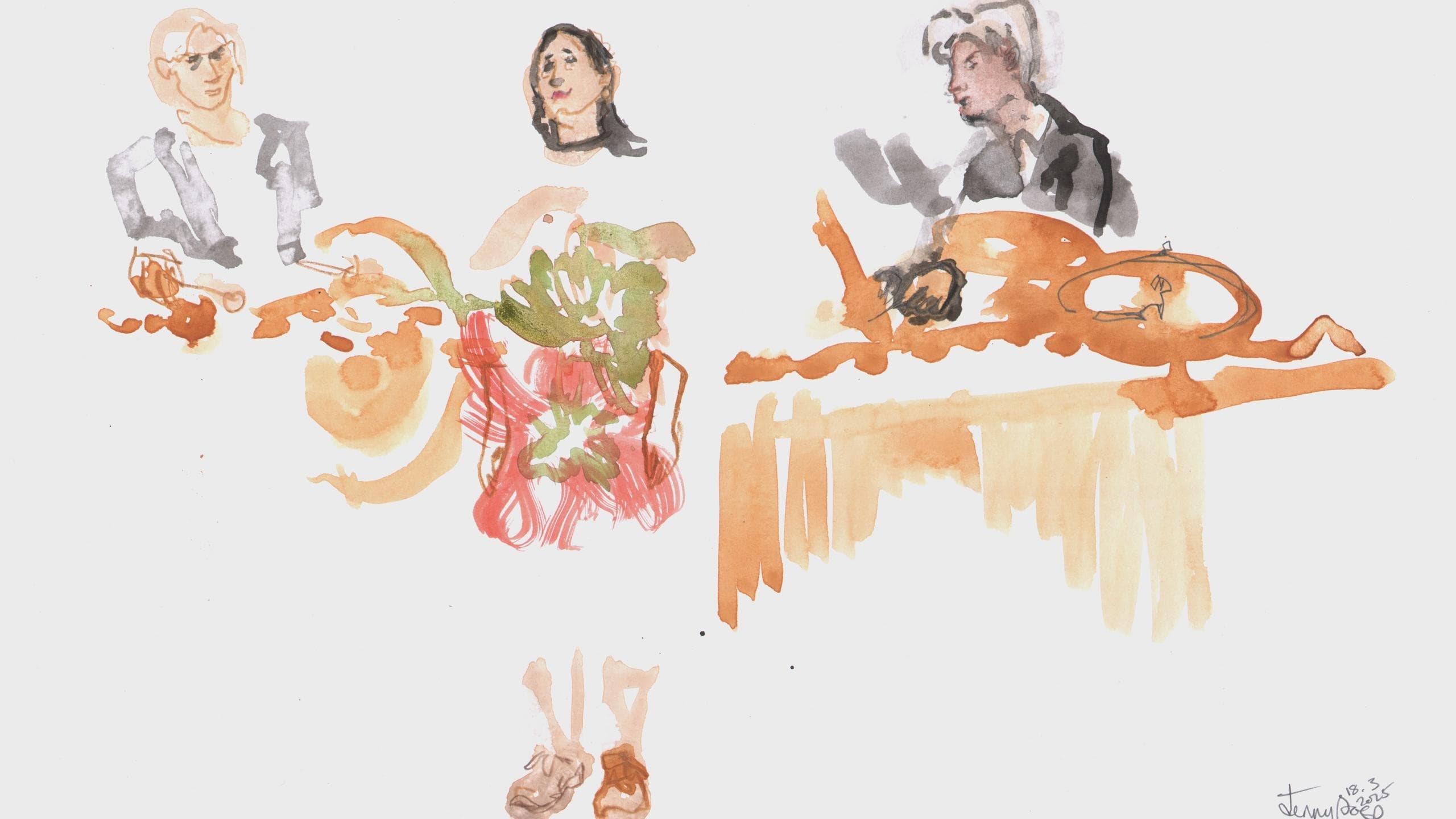 A watercolor painting depicts three abstract figures, with two on the left holding musical instruments and one on the right seated at a table.