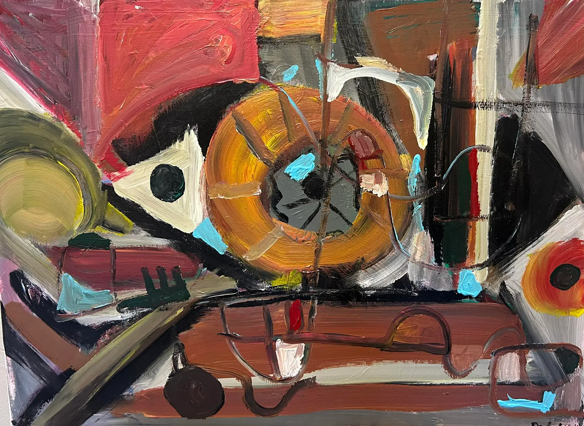An abstract painting featuring a mix of bold colors and geometric shapes, including circles and lines, in vibrant red, orange, brown, and blue tones.
