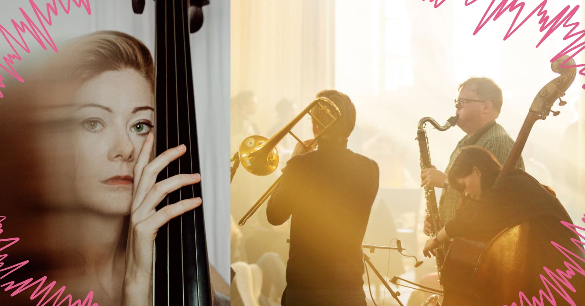 A woman holds a double bass on the left, while musicians play trombone, clarinet, and double bass in a sunlit room on the right, with pink soundwave graphics.