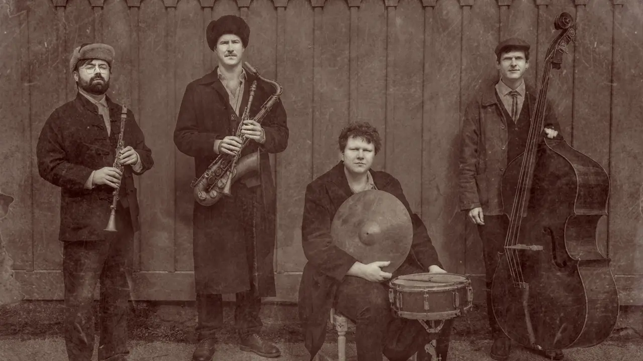 Five men wearing vintage clothing pose with musical instruments, including a clarinet, saxophone, drum, and double bass, in front of a wooden fence.