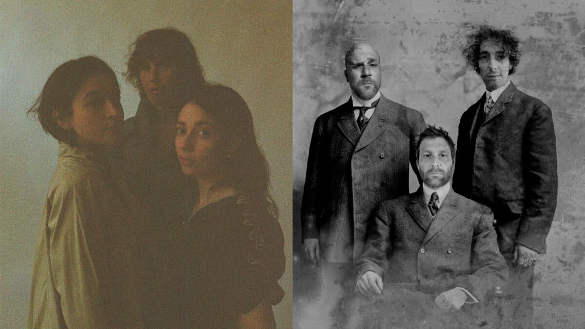 The image shows a split view: on the left, three individuals in a soft-focus setting; on the right, a vintage-style portrait of three men in suits.