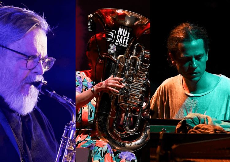 Three musicians are performing: one playing a saxophone, another a tuba with "Not Safe for Capitalism" on it, and the third at a keyboard.