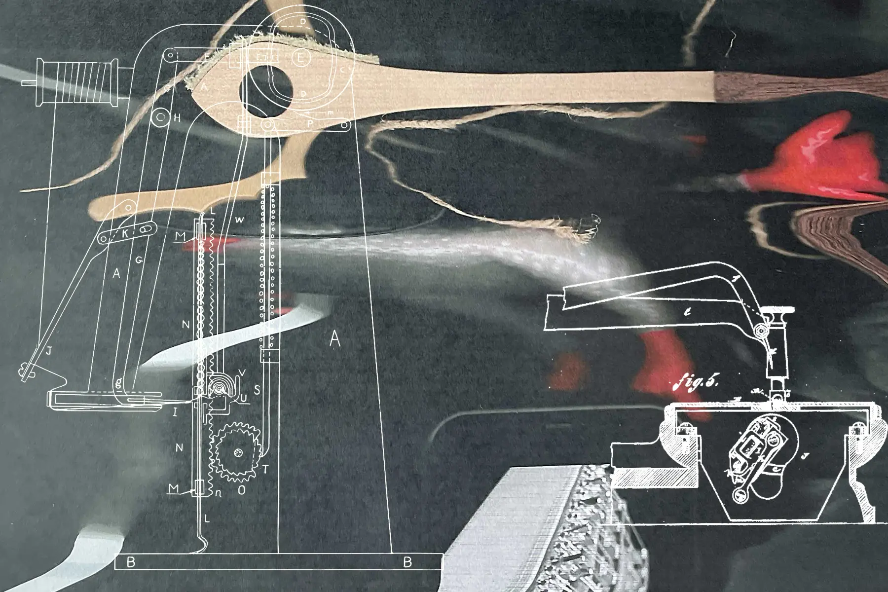 A schematic diagram of a mechanical device with gears and levers overlaid on a dark, abstract background with red and beige accents.