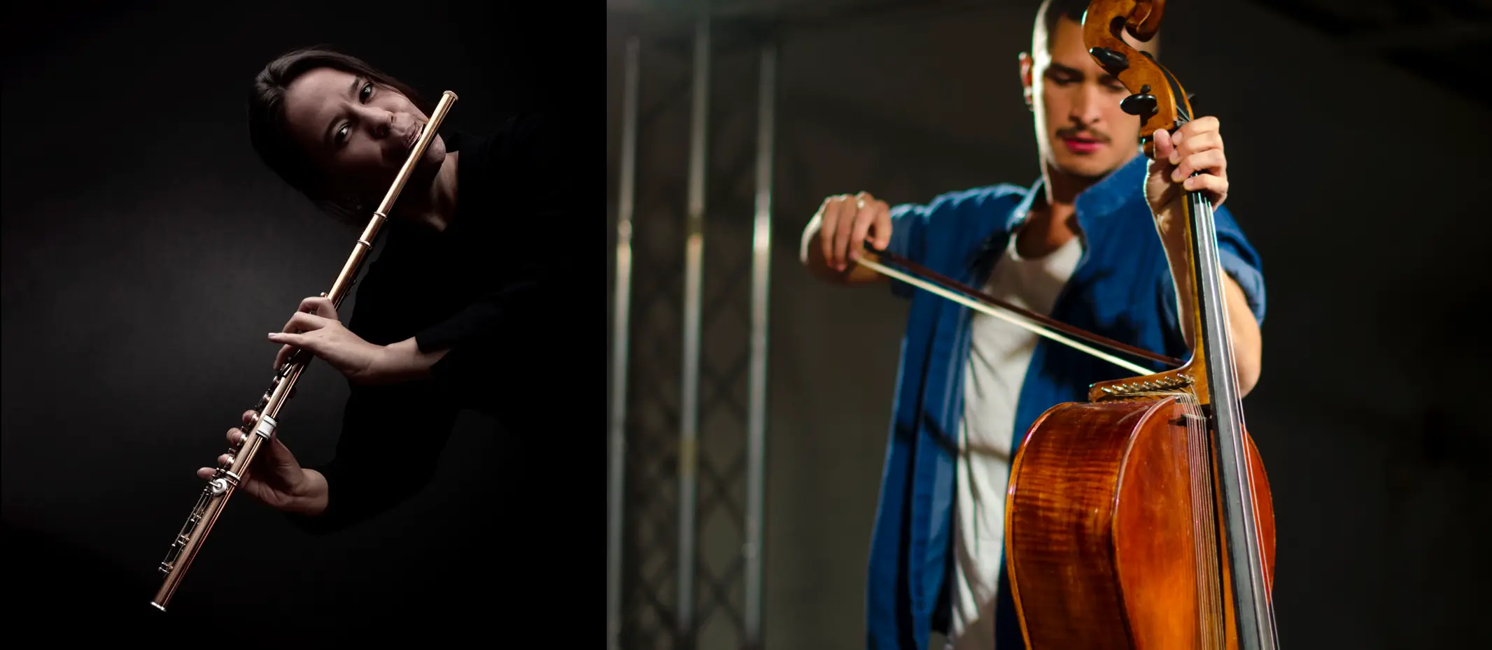 A person plays a flute on the left, and another person plays a double bass with a bow on the right.